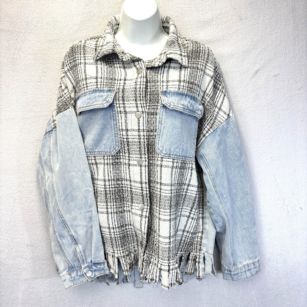 Vintage Womens Tweed Denim Snap Up Shacket Large Fringe Western Rodeo Festival